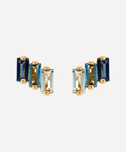 Suzanne Kalan 14ct Gold Multi Blue Topaz Three Baguette Stud Earrings