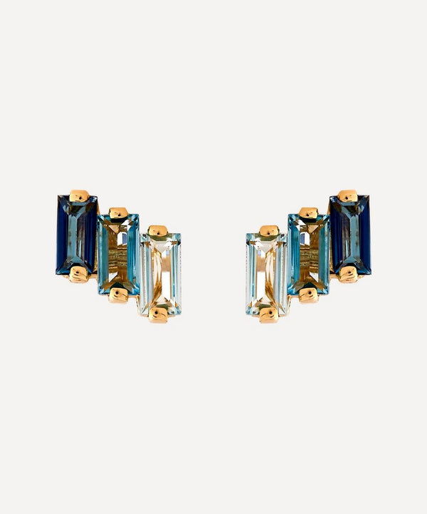 Suzanne Kalan 14ct Gold Multi Blue Topaz Three Baguette Stud Earrings