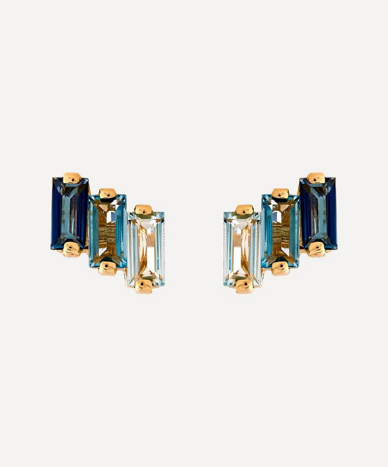 Suzanne Kalan 14ct Gold Multi Blue Topaz Three Baguette Stud Earrings