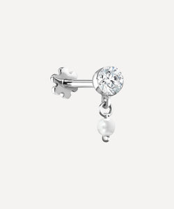 Maria Tash 18ct 3mm Invisible Set Diamond and Pearl Dangle Threaded Stud Earring