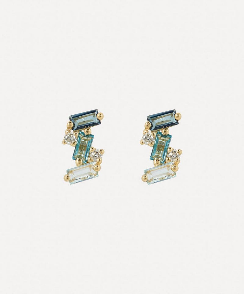 Suzanne Kalan 14ct Gold Diamond And Blue Topaz Baguette Stud Earrings