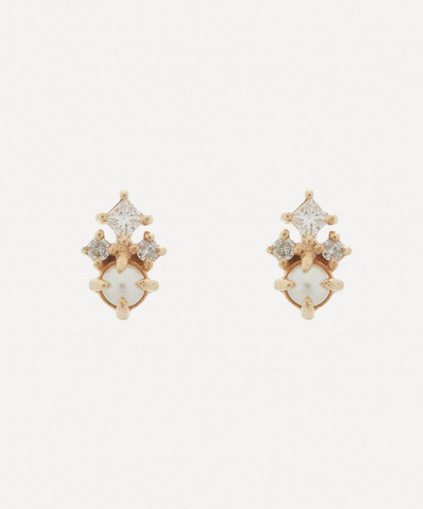 Mateo 14ct Gold The Little Things Tri Diamond and Pearl Stud Earrings