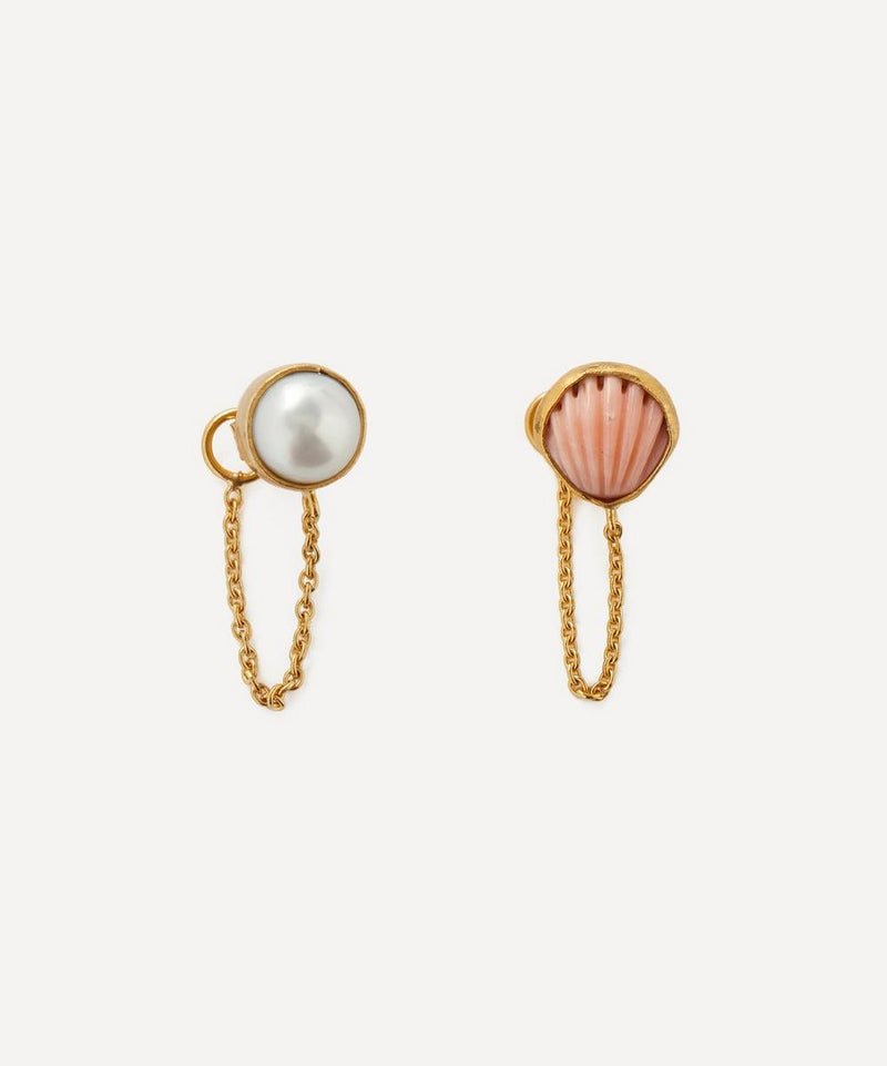 Grainne Morton 18ct Gold-Plated Mismatched Pearl and Coral Chain Stud Earrings