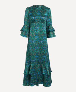 Liberty Peacock Manor Silk Satin Gala Dress - Green Peacock Print Ankle Length Dress Pagoda sleeves