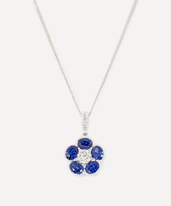 Kojis 18ct White Gold Sapphire and Diamond Daisy Cluster Pendant Necklace