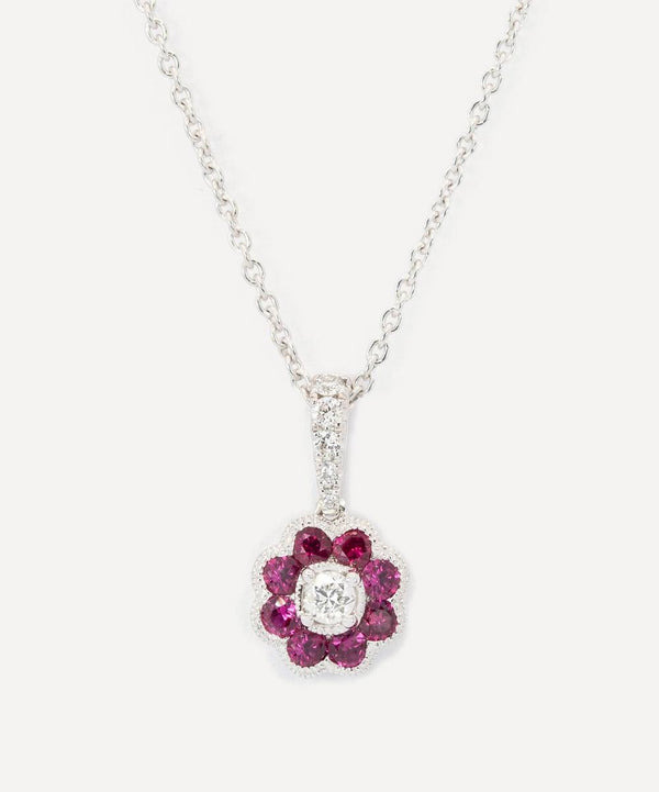 Kojis 18ct White Gold Ruby and Diamond Flower Cluster Pendant Necklace