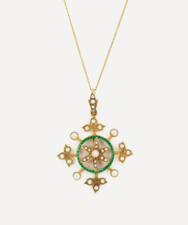 Kojis 15ct Gold Edwardian Enamel and Pearl Pendant Necklace