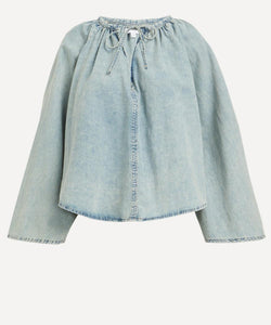 Frame V-Neck Shirred Denim Blouse