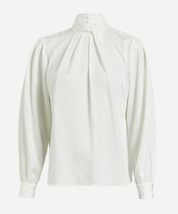 Frame Knotted Mock Neck Silk Blouse