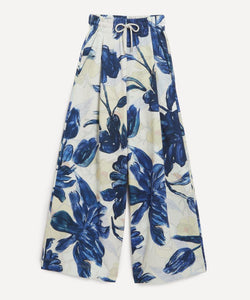 Dries Van Noten Blue Floral Drawstring Wide Leg Trousers