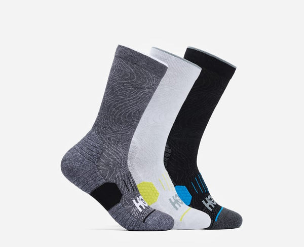 HOKA Crew Run Sock 3-Pack White Black Grey, Size Large