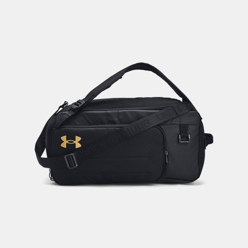 Under Armour Contain Duo Small Backpack Duffle Black Metallic Gold OSFM