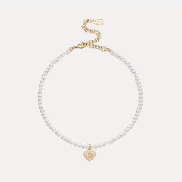 Coach C Heart Gold-Plated Faux Pearl Choker Necklace