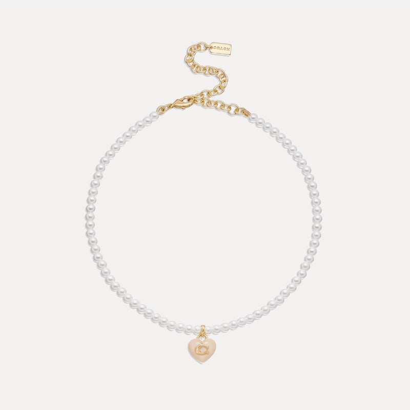 Coach C Heart Gold-Plated Faux Pearl Choker Necklace