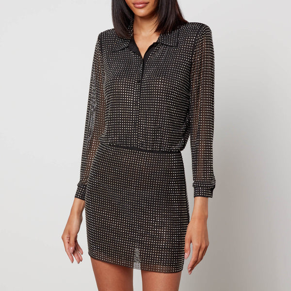 Self-Portrait Crystal-Embellished Mesh Mini Shirt Dress /US 6