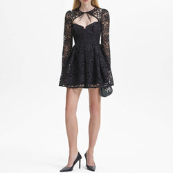 Self-Portrait Black Guipure Lace Tie-Neck Mini Dress 