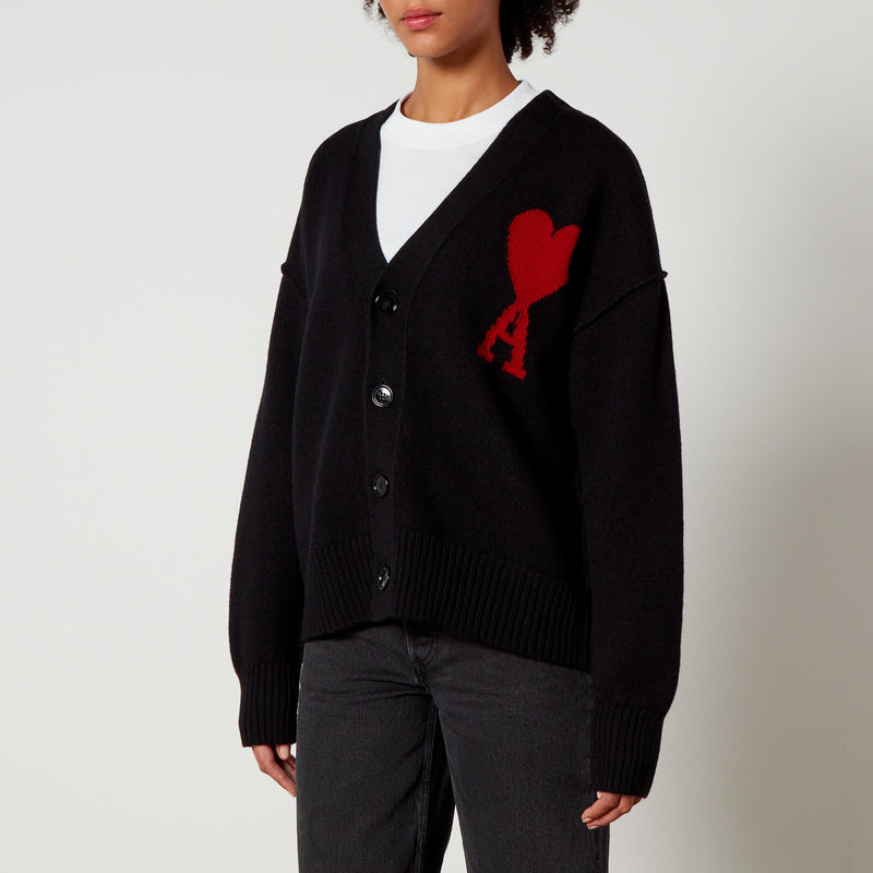 AMI De Coeur Logo-Intarsia Wool Cardigan