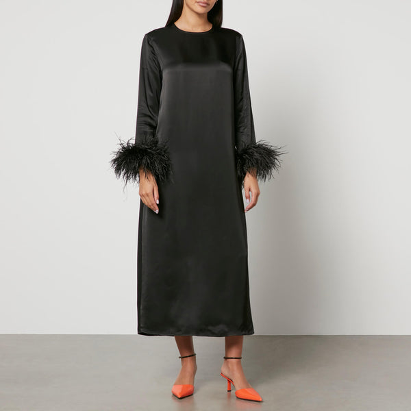 Sleeper Suzi Feather-Trimmed Satin Maxi Dress