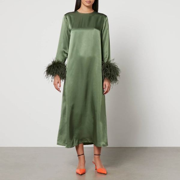 Sleeper Suzi Feather-Trimmed Satin Midi Dress