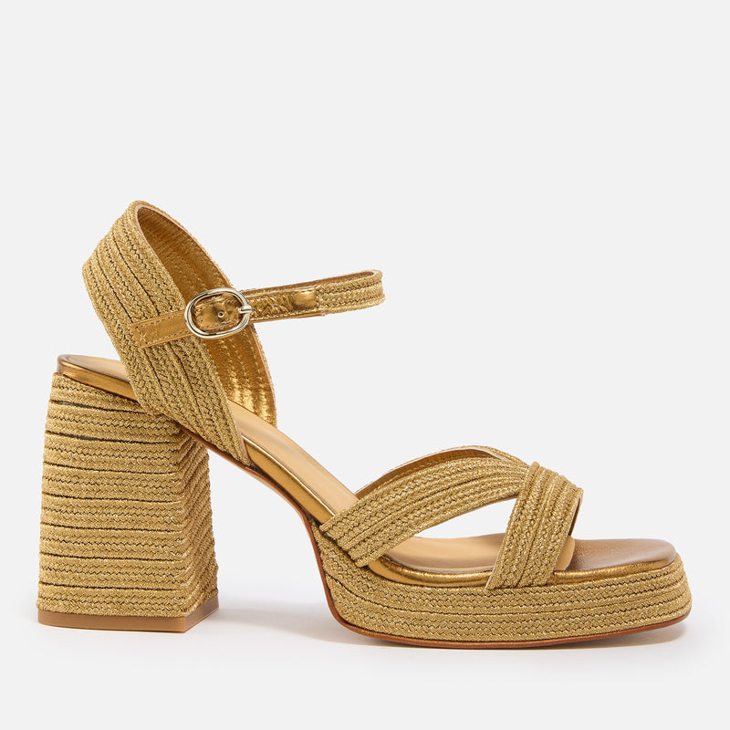 Castañer Women's Valle Metallic Faux Raffia Platform Heeled Sandals