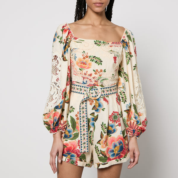 Farm Rio Floral-Print Linen-Blend Romper