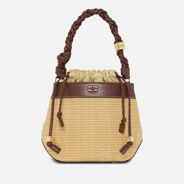 Ganni Bou Raffia Faux Leather-Trimmed Bucket Bag