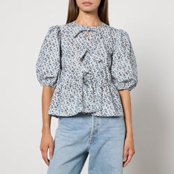 Ganni Printed CottonPoplin Peplum Blouse