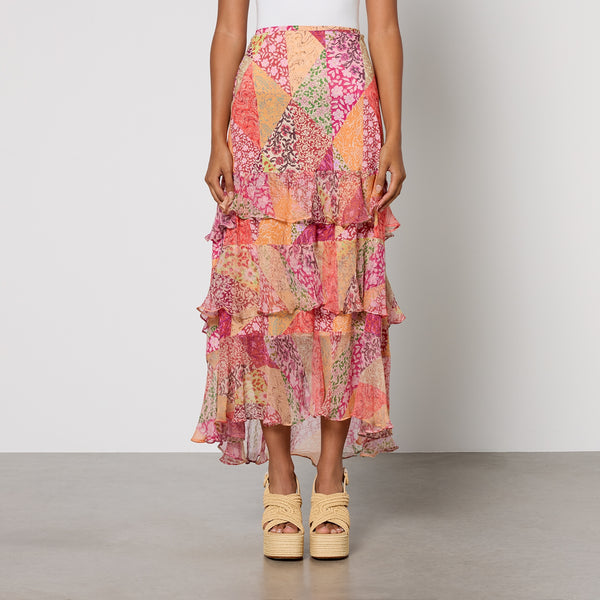 RIXO Preslee Printed Crepe De Chine Midi Skirt