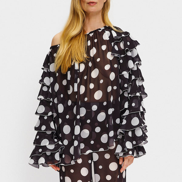 Sleeper Samba Ruffled Polka-Dot Chiffon Blouse