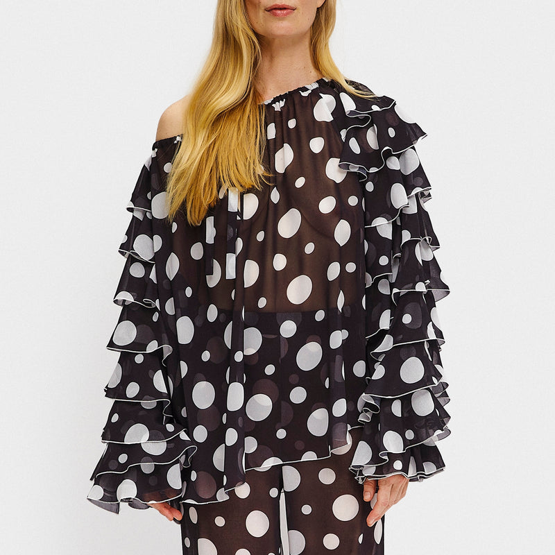 Sleeper Samba Ruffled PolkaDot Chiffon Blouse