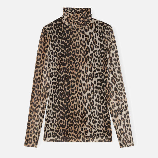 Ganni LeopardPrint Mesh Turtleneck Top