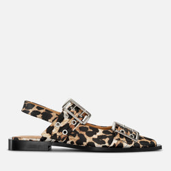 Ganni Buckle Ballerina Leopard Print Satin Shoes