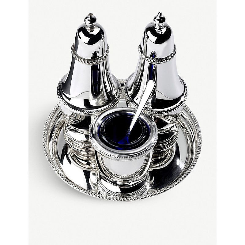 Arthur Price Silver-plated three-piece condiment set and tray