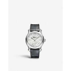 Chopard Happy Sport Medium stainless steel, diamond and croc-embossed leather watch