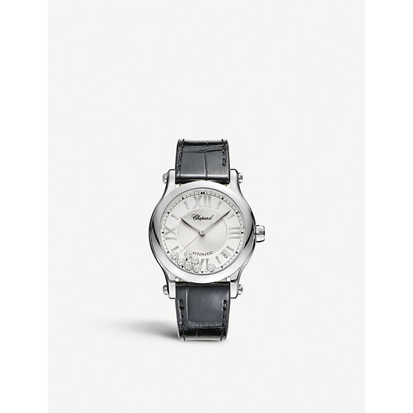 Chopard Happy Sport Medium stainless steel, diamond and croc-embossed leather watch