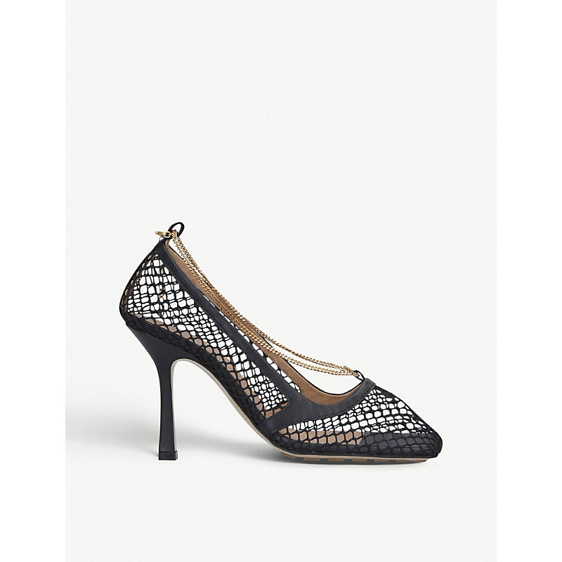  Bottega Veneta Chain-embellished leather and mesh heeled courts