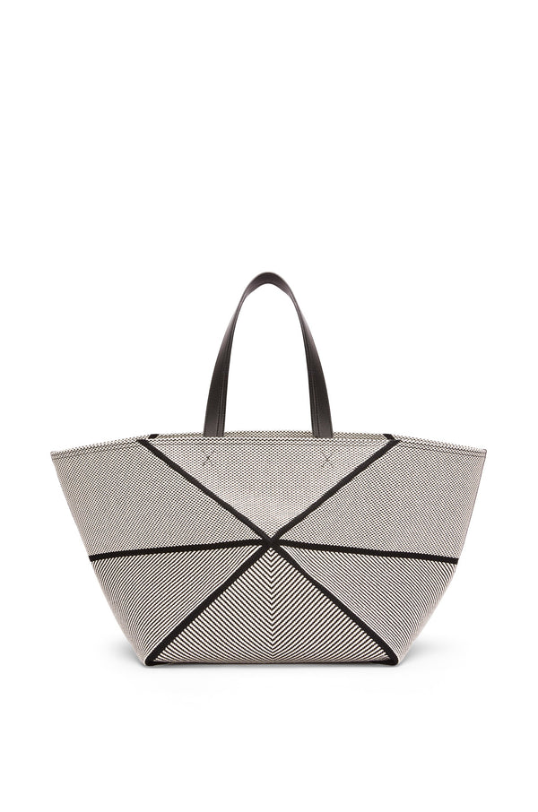 XXL Puzzle Fold tote in canvas jacquard and calfskin