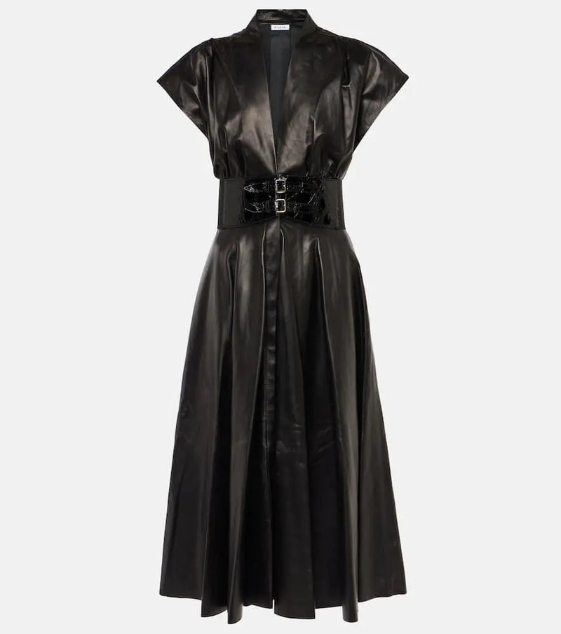 Alaïa Belted leather midi dress | LYBSTORE