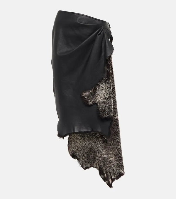 Alaïa Draped high-rise leather and shearling midi skirt