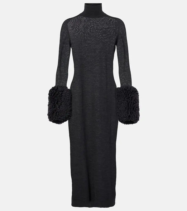 Alaïa Faux shearling-trimmed virgin wool midi dress | LYBSTORE