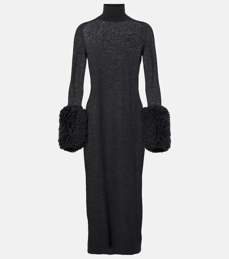 Alaïa Faux shearling-trimmed virgin wool midi dress | LYBSTORE