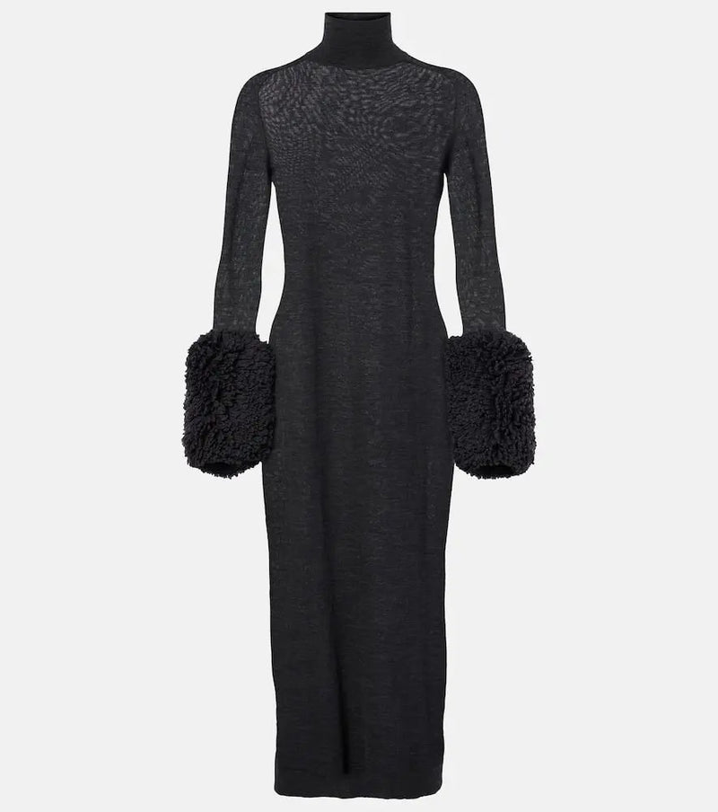 Alaïa Faux shearling-trimmed virgin wool midi dress