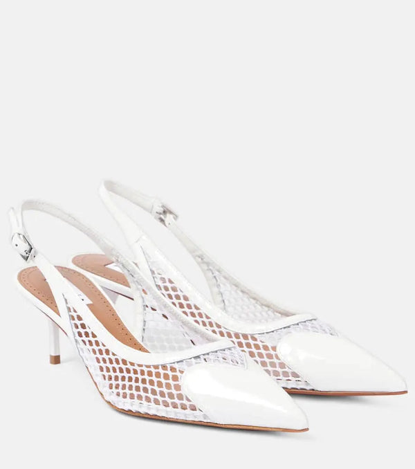 Alaïa Le Caur patent leather and fishnet slingback pumps | LYBSTORE