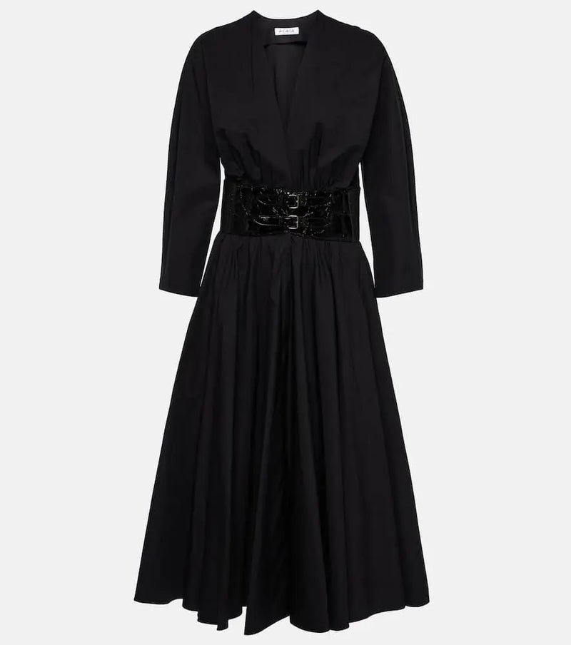 Alaïa Leather-trimmed cotton midi dress | LYBSTORE