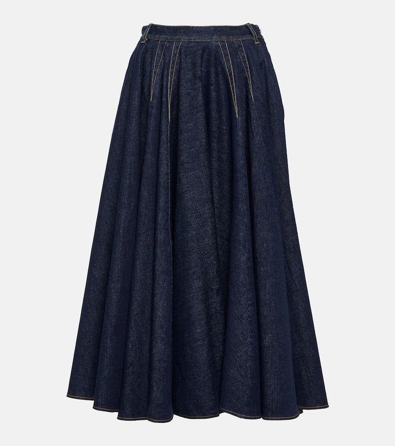 Alaïa Pleated high-rise denim midi skirt