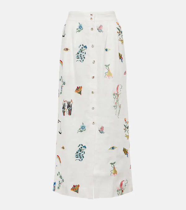 Alémais Atticus embroidered linen midi skirt | LYBSTORE