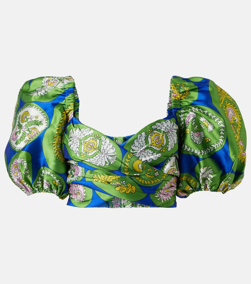 Alémais Printed balloon-sleeve cropped top