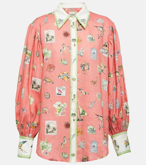 Alémais Puff-sleeve printed linen shirt