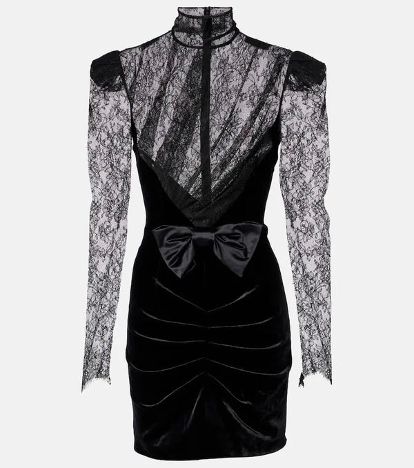 Alessandra Rich Bow-detail velvet and lace minidress | LYBSTORE