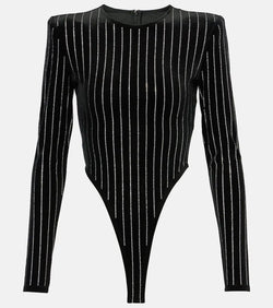 Alex Perry Crystal-embellished pinstripe velvet bodysuit